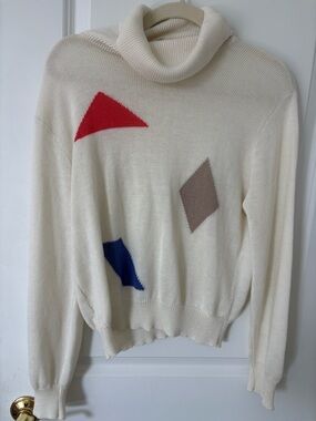 Vintage 1980s Devon turtleneck sweater cream colorful abstract geometric L
